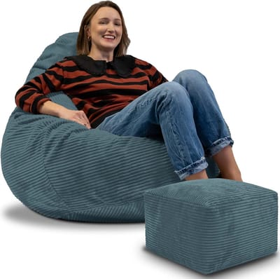 DreamRoots Zitzak voor Volwassenen of Kinderen – Corduroy Beanbag met Voetsteun en Afneembare Hoes – Inclusief Vulling – 90x90x100 cm – Ocean Depths
