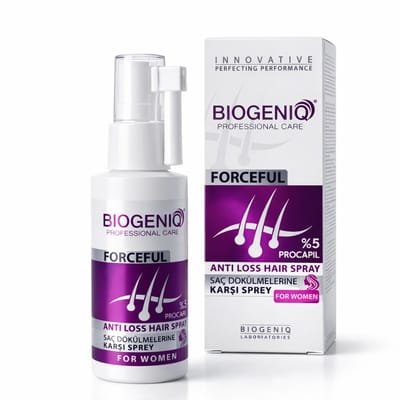 Biogeniq Forceful %5 Procapil Anti-Hair Loss Spray voor Vrouwen 60 ml – Professionele Haaruitval Behandeling met Procapil – Versterkt Haarwortels, Ondersteunt Haargroei en Verzorgt de Hoofdhuid – Intensieve Haarverzorging voor Dunner Wordend Haar**
