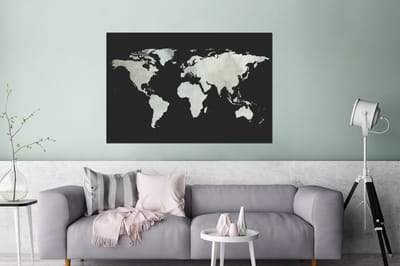 Aluminium schilderij 180x120 cm - Wanddecoratie metaal - Wereldkaart - Grijs - Zwart - Metalen muurdecoratie woonkamer - Decoratie industrieel - Foto op dibond - Industriële accessoires slaapkamer