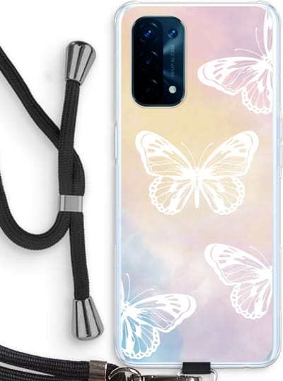 Case Company® - Hoesje met koord geschikt voor Oppo A74 5G hoesje met Koord - White butterfly - Telefoonhoesje met Zwart Koord - Bescherming aan alle Kanten en Over de Schermrand
