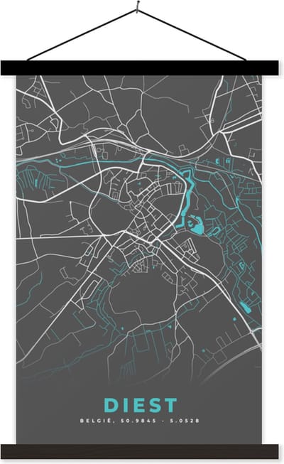 Posterhanger incl. Poster 40x60 cm - Schoolplaat - België – Diest – Stadskaart – Kaart – Blauw – Plattegrond - Textielposter - Zwarte latten - Stadskaart