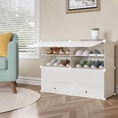 Schoenenkast, open compartimenten, Schoenenrek Kunststof, Rechthoekig Schapsysteem met 8 vakken, stapelbaar DIY Schoenenrek, voor gang, hal, woonkamer, Metalen Frame, 2 * 4