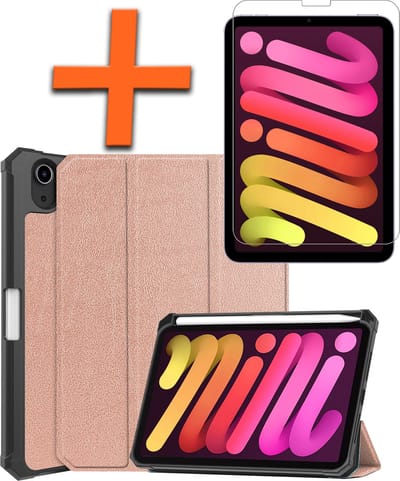 Hoesje - Geschikt voor Apple iPad Mini 6 (2021) - 8.3 inch - 6e Generatie - Met Screenprotector - Trifold Bookcase - Hard Cover Case - Met Uitsparing Geschikt voor Apple Pencil - Hardcover Book - Tablet Hoes - Rosé goud