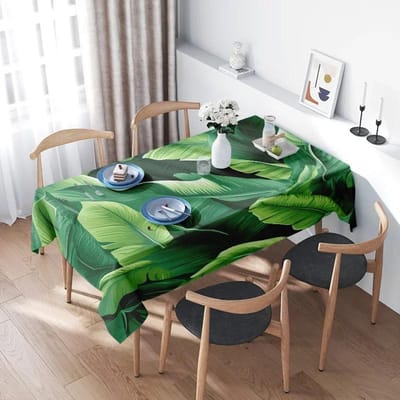 Ronde polyester tafelkleed, bedrukt met felgroene ananas & tropische bladeren. Duurzaam, herbruikbaar en gemakkelijk schoon te maken. Geweldige decoratie voor keuken, eetkamer 145x200cm