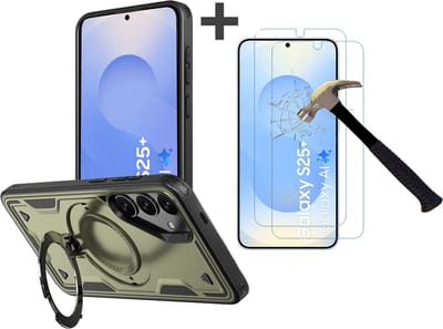 Hoesje Geschikt voor Samsung Galaxy S25 Plus met 2 Stuks gehard glas Screenprotectors - Armor hoes met Ringhouder - Arara backcover - Olijfgroen