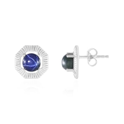 Cavill - Zilveren Oorbellen met Blauwe Ster Saffier 2 25 ct - Geplatineerd 925 Sterling Zilver - Ronde Cabochon 6 mm - Elegante Edelsteen Sieraden