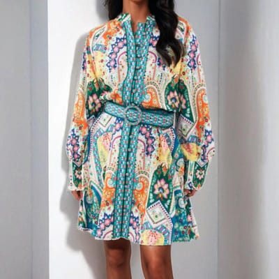 Vroege Lente Elegante Retro Opstaande Kraag Lantaarnmouw Geplooide Print Lantaarnmouw Shirtjurk XXXL blue