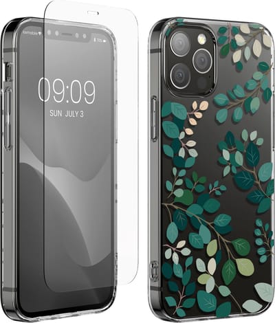 kwmobile telefoonhoesje geschikt voor Apple iPhone 12 / iPhone 12 Pro hoes - Telefoonhoesje voor smartphone - Telefoon cover - Met glazen schermbeschermer - Voorjaarsblaadjes design