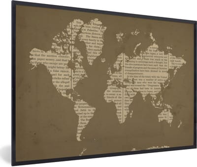 Poster in lijst - Fotolijst 90x60 cm - Posters - Wereldkaart - Boek - Bruin - Posterlijst zwart - Decoratie - Wanddecoratie woonkamer - Muurdecoratie slaapkamer