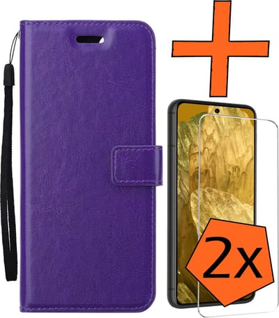 Hoes - Met 2x Screenprotector - Geschikt voor Google Pixel 8a - Luxe Pasjeshouder - Bookcase Portemonee - Flip Case - Kunstleer Book Case - Flipcase Hoes - Book Cover - Walletcase - PortemonneeHoes - Paars