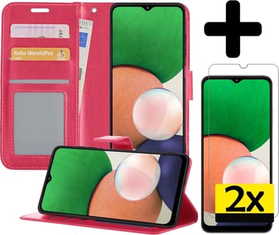 Hoesje - Met 2x Screenprotector - Geschikt voor Samsung Galaxy A22 4G - Luxe Pasjeshouder - Bookcase Portemonee - Flip Case - Kunstleer Book Case - Flipcase Hoes - Book Cover - Walletcase - Portemonneehoes - Telefoonhoesjes - Donkerroze