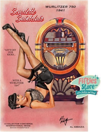 Wurlitzer 750 Jukebox Pin-Up Scarlette Saintclair Zwaar Metalen Bord 44,5 x 29 cm