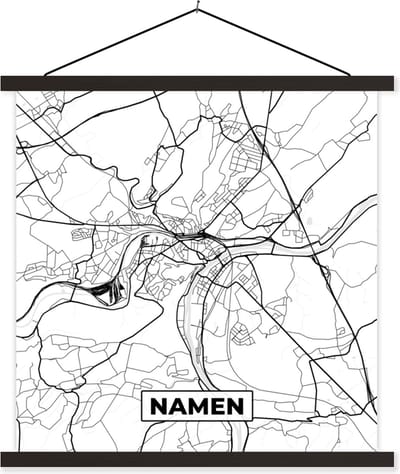Posterhanger incl. Poster 60x60 cm - Schoolplaat - Stadskaart – Plattegrond – België – Zwart Wit – Namen – Kaart - Textielposter - Zwarte latten - Stadskaart