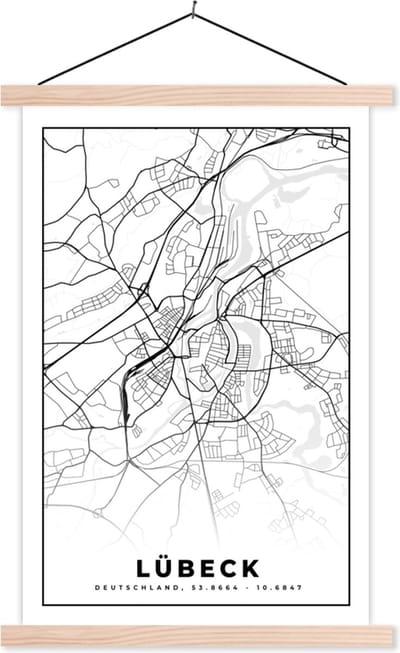 Posterhanger incl. Poster 40x60 cm - Schoolplaat - Lübeck - Plattegrond - Stadskaart - Kaart - Textielposter - Blanke latten - Stadskaart