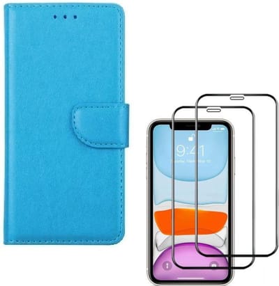 Bookcase Geschikt voor: iPhone 11 - turquoise - portemonee hoesje + 2X Full cover Tempered Glass Screenprotector