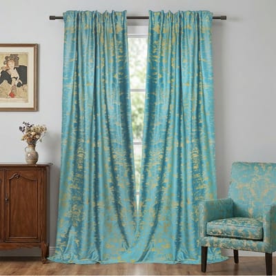 Qelus Velours Gordijnen met Goudprint - 2 Stuks - Verduisterend & Geluidsdempend Raamgordijnen - Luxe Hotel Chique Uitstraling - 260gsm Kant en Klaar - Multifunctionele Plooiband - 132x213cm - Blauw