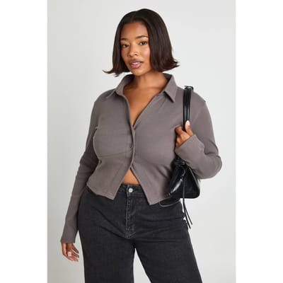 boohoo Dames Plus met kraag en knoop doorlopende bovenkant | Houtskool | Maat: 44