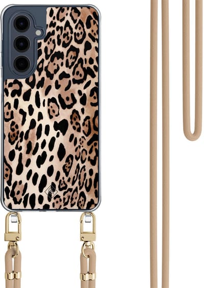 Casimoda® hoesje met beige koord - Geschikt voor Samsung A16 - Luipaard print bruin - Afneembaar koord - TPU/polycarbonaat - Bruin/beige