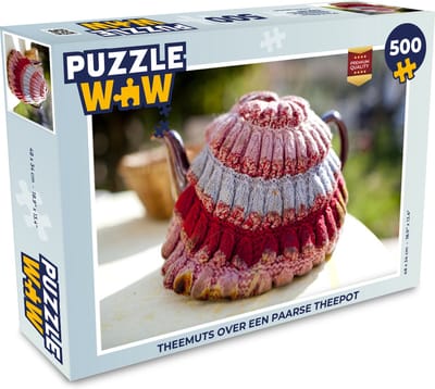 Puzzel Theemuts over een paarse theepot - Legpuzzel - Puzzel 500 stukjes