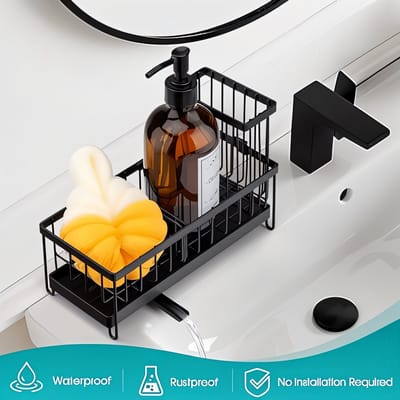 Famanu - Spoelbak organizer, roestvrijstalen keukenorganizer met zelfledigende afvoer, gootsteen organizer zwart met opbergdoos voor afwasborstels,Kitchen Sink Organizer voor keuken en badkamer