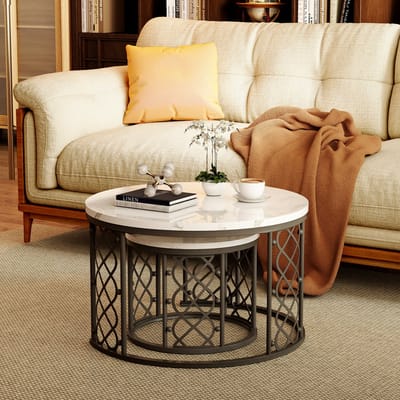 FloraGrace Metalen Frame Salontafel - Salontafel Set Van 2 - Nesting Tafels Met Marmerlook Blad - Wit Zwart