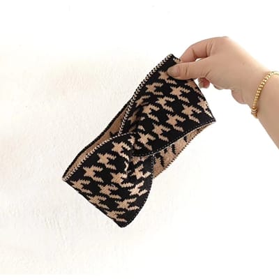 Qiandongge Gebreide Wol Hoofdband Dames Brede Rand Retro Midden Geknoopte Hoofdband Druk Haar Afsluiting Hoofddoek Haaraccessoires black