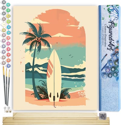 Figured'Art Schilderen op Nummer Volwassenen canvas Surfplank op het strand- Handwerk acrylverf Kit DIY Compleet - 40x50cm met DIY houten lijst
