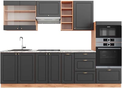 Vicco Fame-Line Complete keukeneenheid – 280 cm, WB Marmer Antraciet Landhuis/Goud Kraft Eik