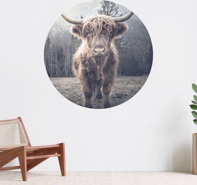 Muurcirkel zelfklevend behang - Schotse hooglander bij het bos - Wanddecoratie - 080cm behangcirkel - Ronde sticker voor aan de muur - Behangsticker verkrijgbaar in verschillende formaten