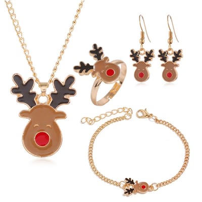 Plux Fashion Rendier Sieraden Set - Goud - Sieraden - Ketting - Oorbel - Ring - Armband - Heren - Dames - Sieraad Set - Kerst Set - Sieraden Cadeau - Gouden Ketting Dames - Ketting Met Hanger - Jewellery Set - Reindeer Set - Kerst - Christmas Set