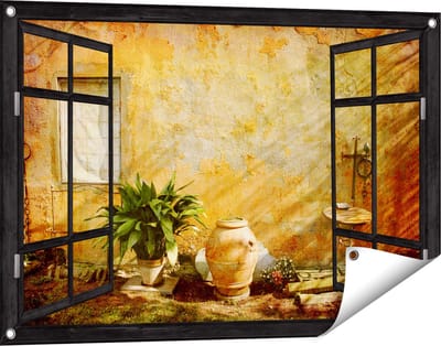 Gards Tuinposter Doorkijk Oude Stenen Muur - 90x60 cm - Tuindoek - Tuindecoratie - Wanddecoratie buiten - Tuinschilderij