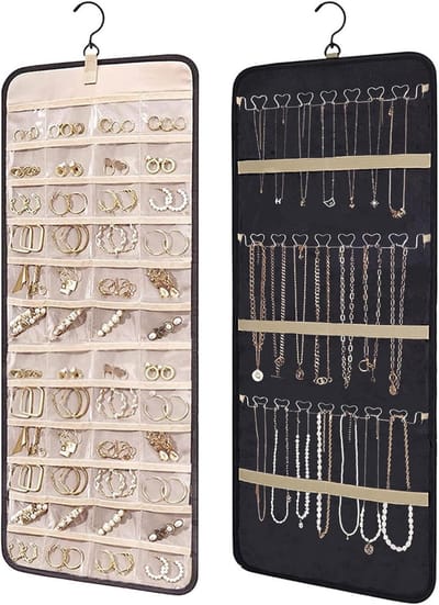 KZQ Oprolbare sieradenorganizer met metalen haken, dubbelzijdig ontwerp, geschikt voor het opbergen van oorbellen, kettingen en ringen. Geschikt voor kasten, muren of deuren. Zwart.