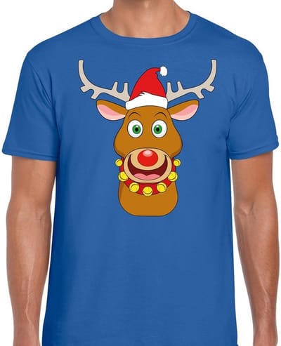 Foute Kersttrui t-shirt - Rendier Rudolf - Rode kerstmuts - blauw - voor heren S