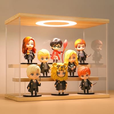 Displaycase voor verzamelobjecten met LED-verlichting, 3 verdiepingen, houtkleur (30x16x24cm) - Ideaal voor figuren, modellen en collectibles