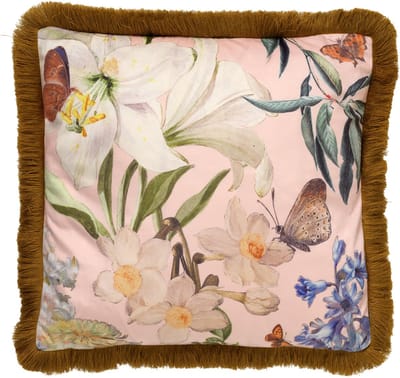 Dutch Decor HANNA - sierkussen 45x45 cm - bloemen en vlinders - franjes - Dusty Pink - roze - Inclusief binnenkussen