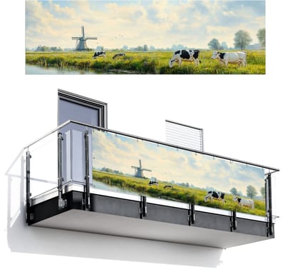 Balkonscherm 300x95 cm - Balkonposter Koeien - Windmolen - Weide - Blauw - Balkon scherm decoratie - Balkonschermen - Balkondoek zonnescherm