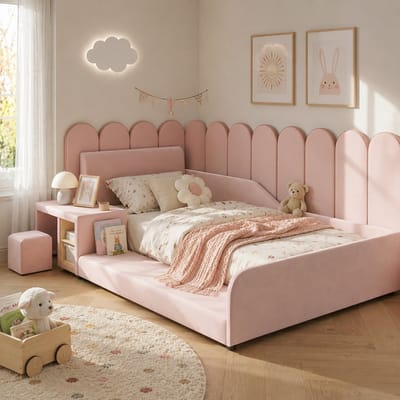 Kinderbed 90x200 cm - Eenpersoonsbed - Gestoffeerd bed - Vloerbed - Met opbergplanken - Met zacht hoofdeinde - Fluweelstof - Met bureau en stoel - Zacht en schokbestendig - Roze