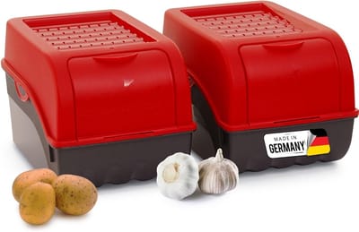 Aardappelbewaardoos | 2x middel 5L | ROOD | Aardappeldoos | Stapelbare groentekist, uienkist, aardappelmand, fruitkist, aardappelkist, uienopslag, voedselcontainer, wortelen