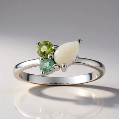Cavill - Zilveren ring met witte opaal 0,21 ct en peridoot & kyaniet - 925 sterling zilver platina geplateerd - Moderne, elegante ring voor vrouwen