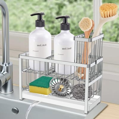 Keuken Organizer voor de Gootsteen - Multifunctionele Opbergtray met Zeepdispenser, Sponshouder en Borstelhouder - 2 Laags, Zilver