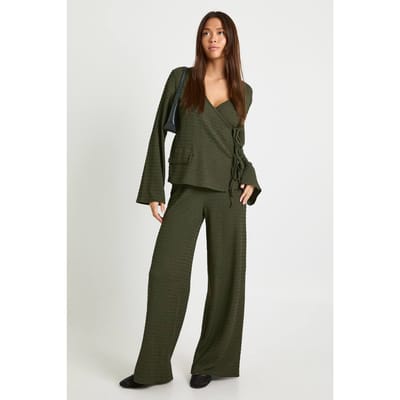 boohoo Dames Getextureerde top met wikkelvoorkant en lange mouwen en bijpassende broek | Khaki | Maat: 6