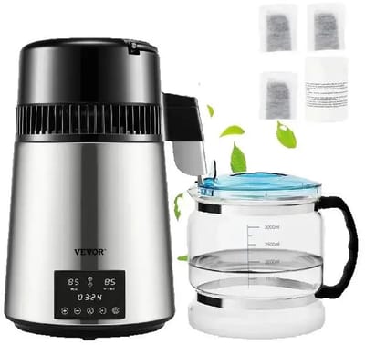 Aafinity Waterdestilleerder 750W - Waterzuiveraar voor thuis met dubbele temperatuurweergave, timer en glazen karaf van 4 liter - Roestvrijstalen waterdestilleerder