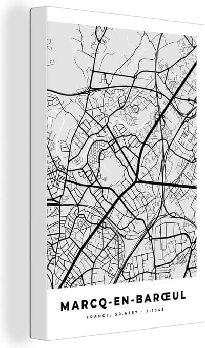 Canvas Schilderij Plattegrond – Marcq-en-Barœul – Stadskaart – Kaart – Frankrijk - 20x30 cm - Wanddecoratie