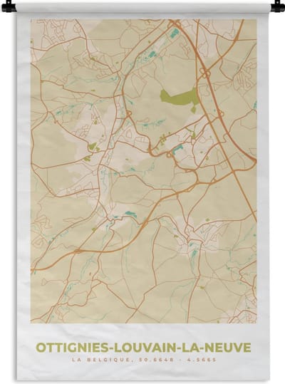 Wandkleed - Wanddoek - Stadskaart - België - Ottignies-Louvain-la-Neuve - Kaart - Plattegrond - 120x180 cm - Wandtapijt
