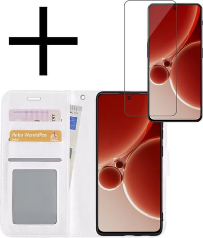 Hoesje - Met Screenprotector - Geschikt voor OnePlus Nord 3 - Luxe Pasjeshouder - Bookcase Portemonee - Flip Case - Kunstleer Book Case - Flipcase - Book Cover - Walletcase - Portemonneehoes - Wit