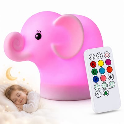 Caryota Nachtlampje Olifant - Bedlampje Kinderen en Baby - RGB LED Kinderlamp - Dimbaar met Afstandsbediening - 8 kleuren - Oplaadbaar via USB-C
