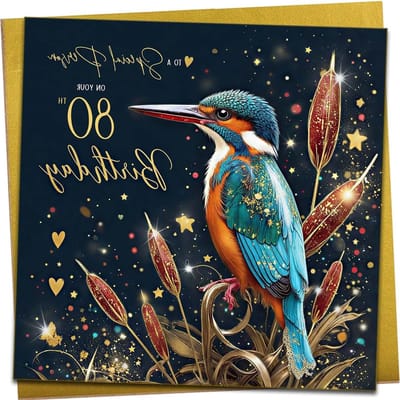 Verjaardagskaart 80 Jaar - Wenskaart Luxe - Verjaardag Vieren - Gouden IJsvogel Design - 15 x 15 cm - Goud