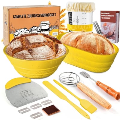 Zuurdesem Starter Set Brood Bakken Professionele Bakervaring – Sourdough Starter Kit Inclusief Siliconen Rijsmand & Accessoires – Voedselveilige, Opvouwbare Proofing Mand
