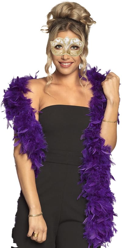 Boland Venetiaans oogmasker in het goud - Met dikke veren Boa in het paars - 180 cm - Dames - Carnaval - Twenties - Barok - Middeleeuwen