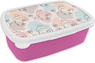 Broodtrommel Roze - Lunchbox - Brooddoos - Vrouw - Bloemen - Line Art - Pastel - Patroon - 18x12x6 cm - Kinderen - Meisje